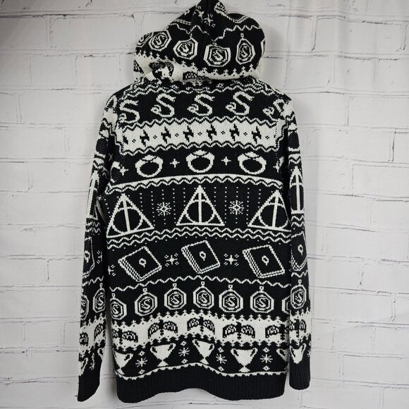 Harry Potter Hooded Sherpa Trim Knit Open Cardigan Sweater Womens L Duster Long - Picture 2 of 15